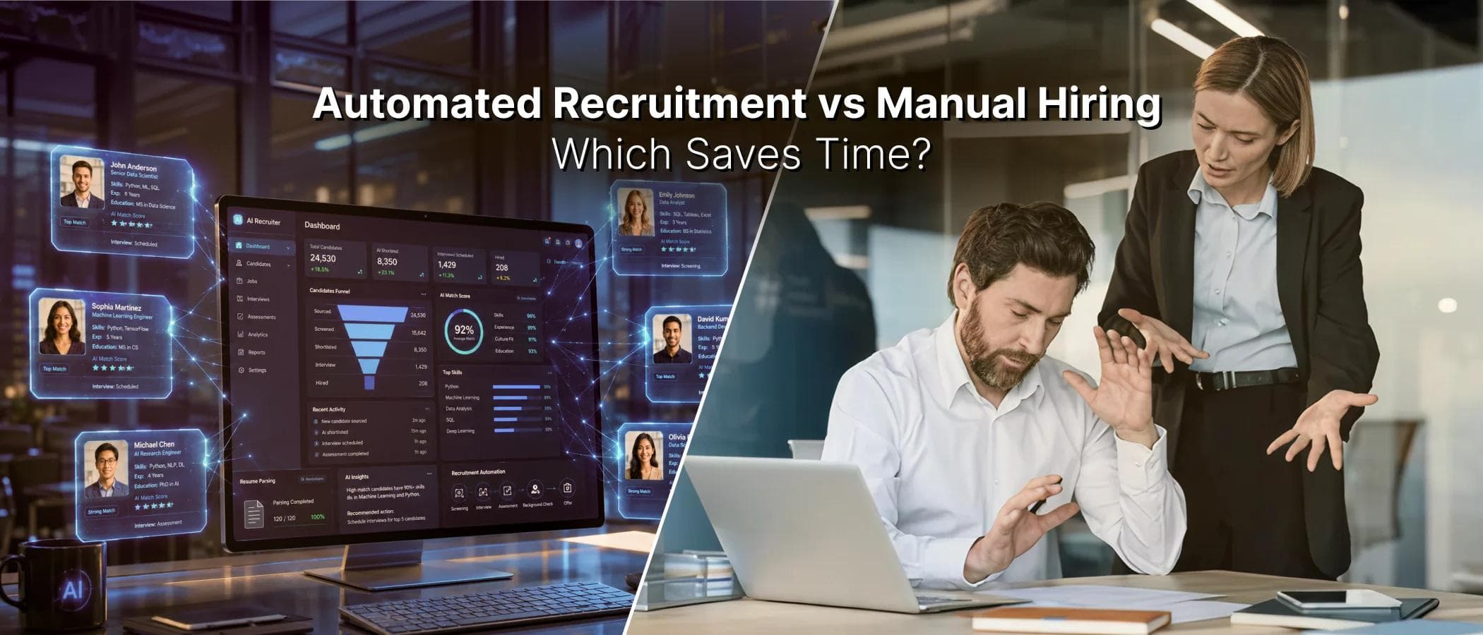 Automated recruitment vs manual hiring comparison with AI applicant tracking software and traditional recruitment process.