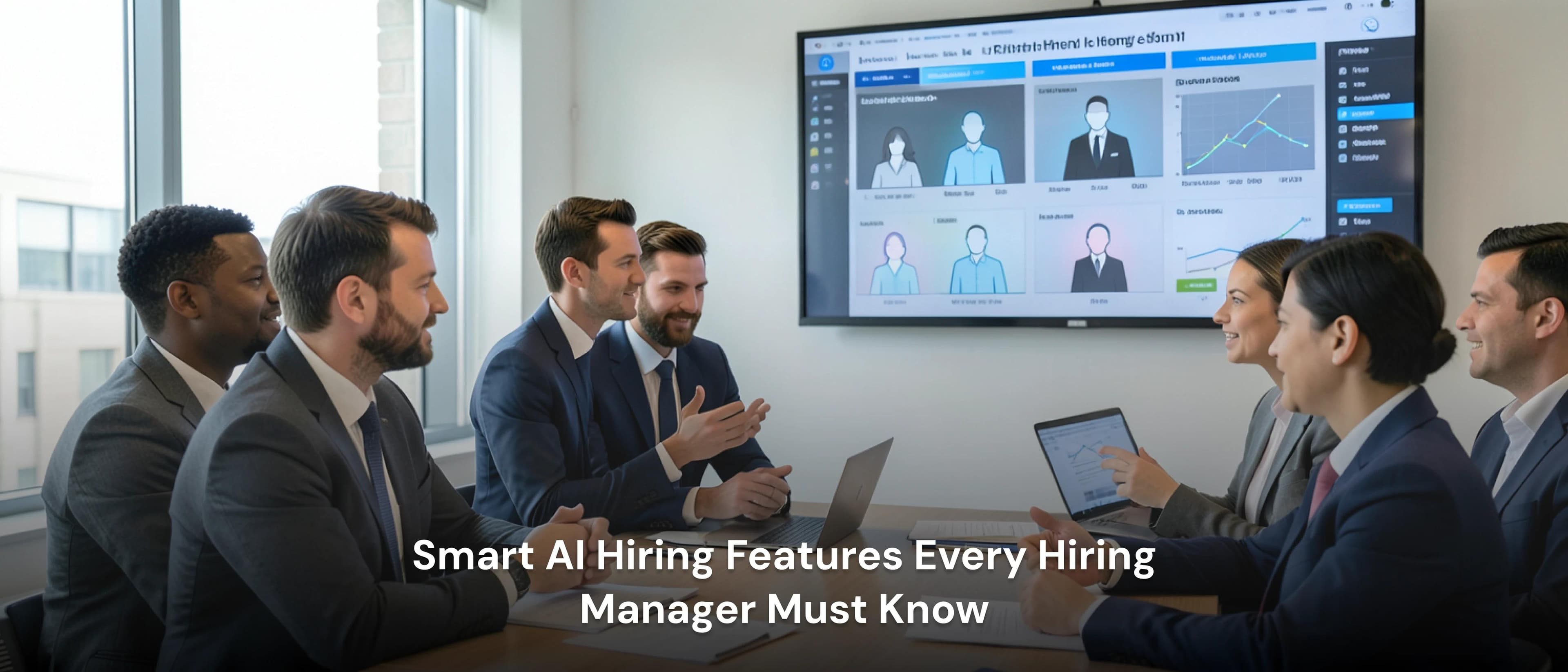 Smart AI hiring features dashboard shown in a corporate meeting where hiring managers analyze candidate profiles and recruitment data