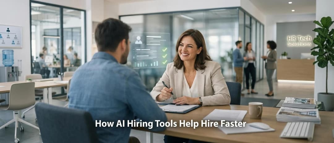HR professional talking to job candidate with AI hiring dashboard in background