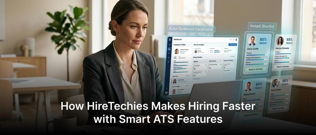 HireTechies ATS dashboard showing candidate management, AI insights, and hiring workflow on a laptop