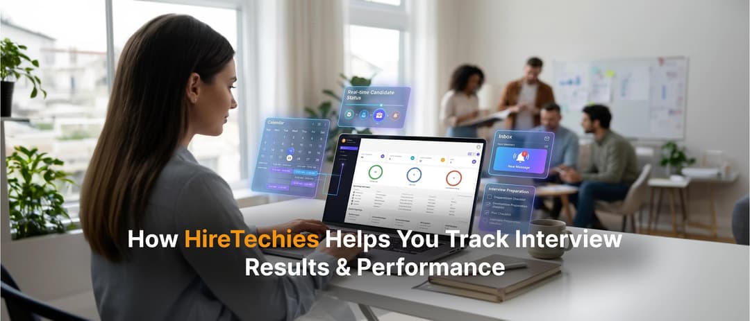 HireTechies dashboard showing real-time candidate tracking, interview status, calendar scheduling, and performance analytics on a laptop in a modern office