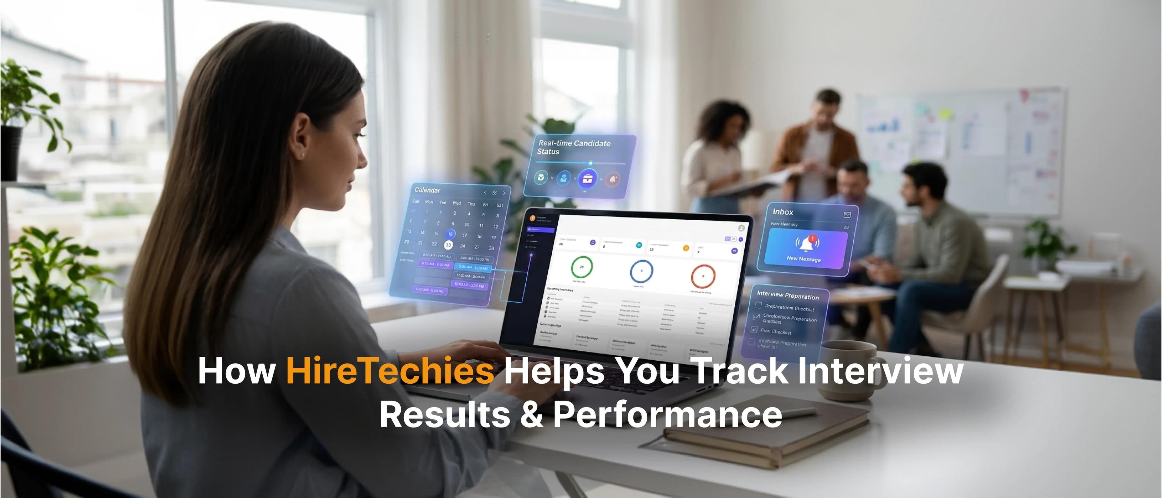 HireTechies dashboard showing real-time candidate tracking, interview status, calendar scheduling, and performance analytics on a laptop in a modern office